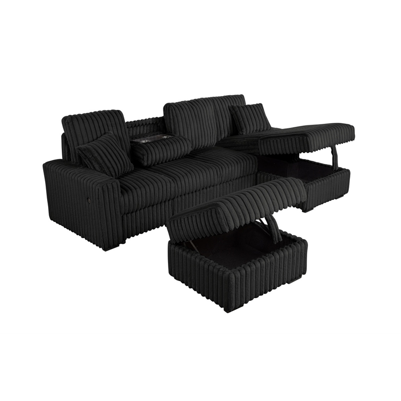 Best Quality Furniture Black Corduroy Fabric 4pc Sectional with Pullout Bed