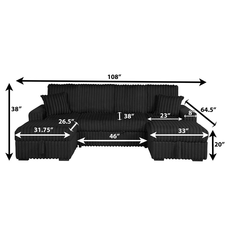 Best Quality Furniture Black Corduroy Fabric 4pc Sectional with Pullout Bed