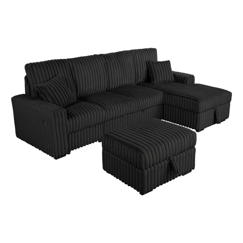 Best Quality Furniture Black Corduroy Fabric 4pc Sectional with Pullout Bed