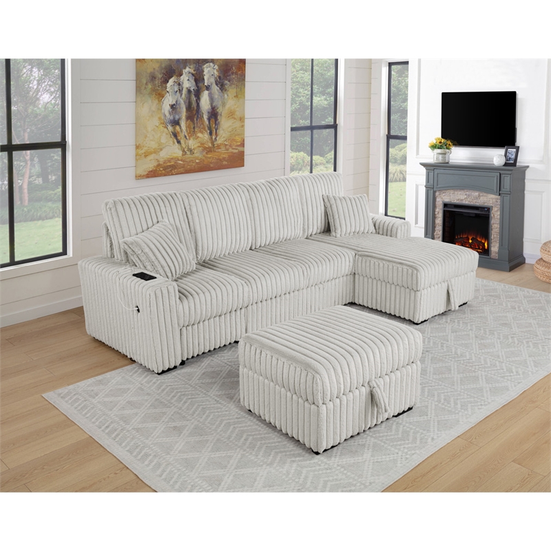Best Quality Furniture Beige Corduroy Fabric 4pc Sectional with Pullout Bed