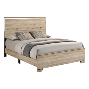 Best Quality Furniture Rustic Light Brown Oak Wood Panel Bed with LED Headboard