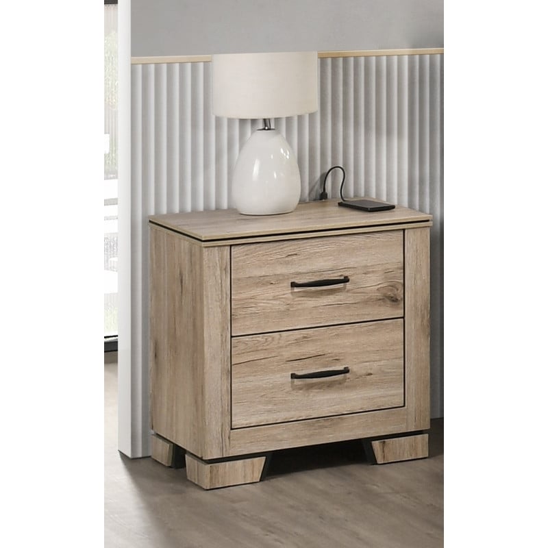 Best Quality Furniture Rustic Light Brown Oak Wood Nightstand with USB Charging