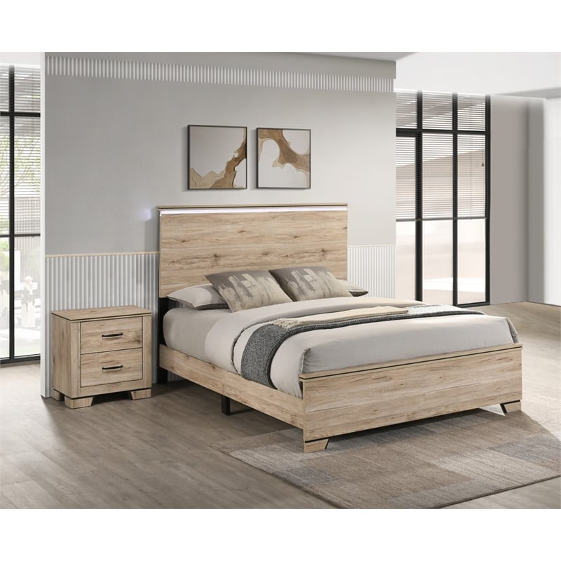 Best Quality Furniture Rustic Light Brown Oak Wood Bedroom Set with LED Lighting