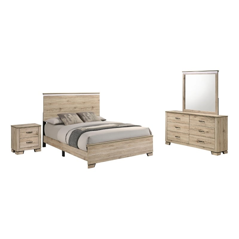 Best Quality Furniture Rustic Light Brown Oak Wood Bedroom Set with LED Lighting