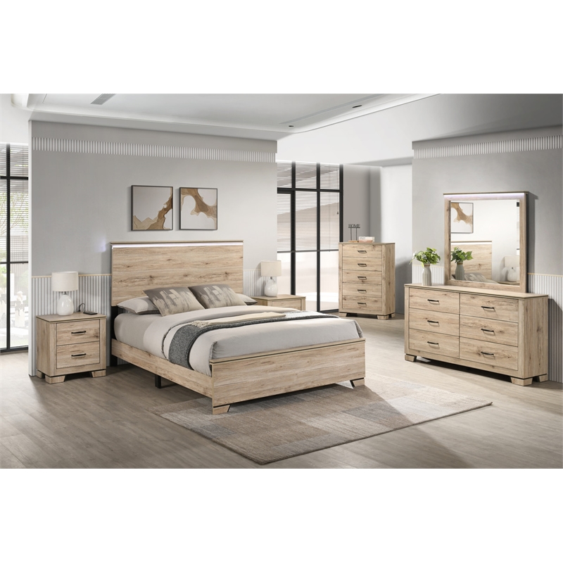 Best Quality Furniture Rustic Light Brown Oak Wood Bedroom Set with LED Lighting