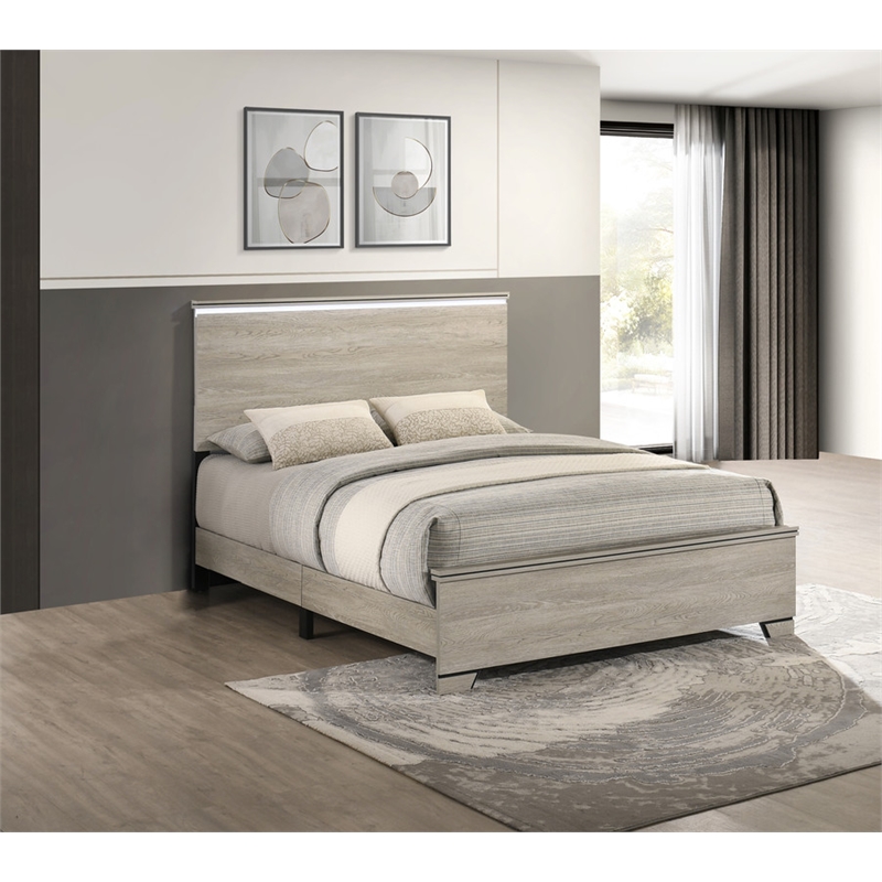 Best Quality Furniture Rustic Gray Beige Wood Panel Bed with LED Headboard