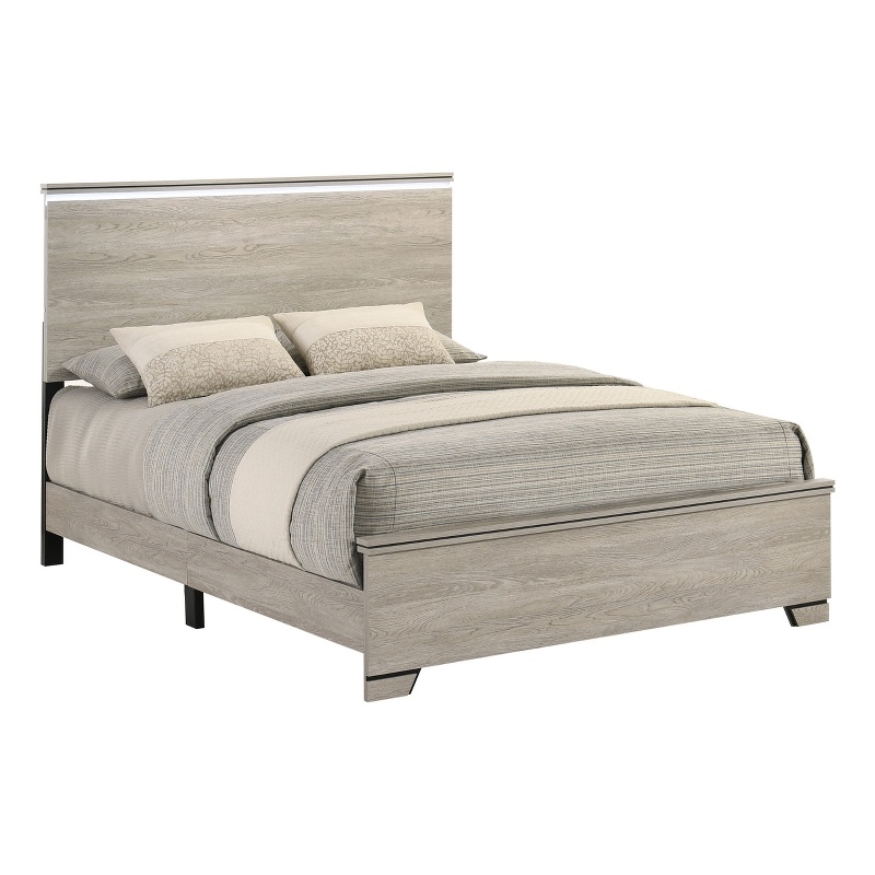 Best Quality Furniture Rustic Gray Beige Wood Panel Bed with LED Headboard