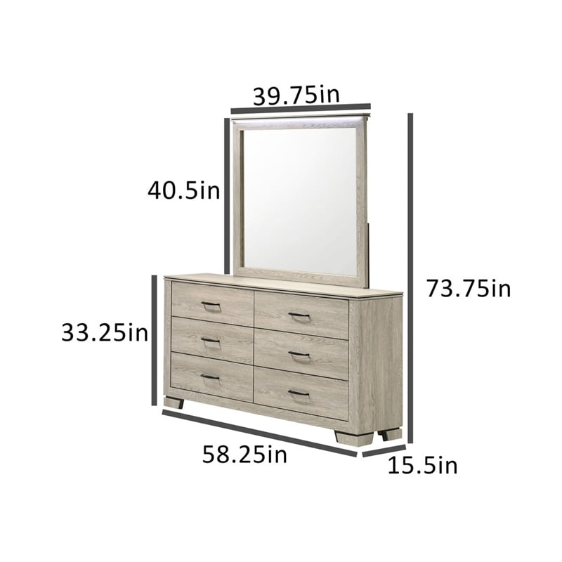 Best Quality Furniture Rustic Gray Beige Oak Wood Double Dresser with LED Mirror