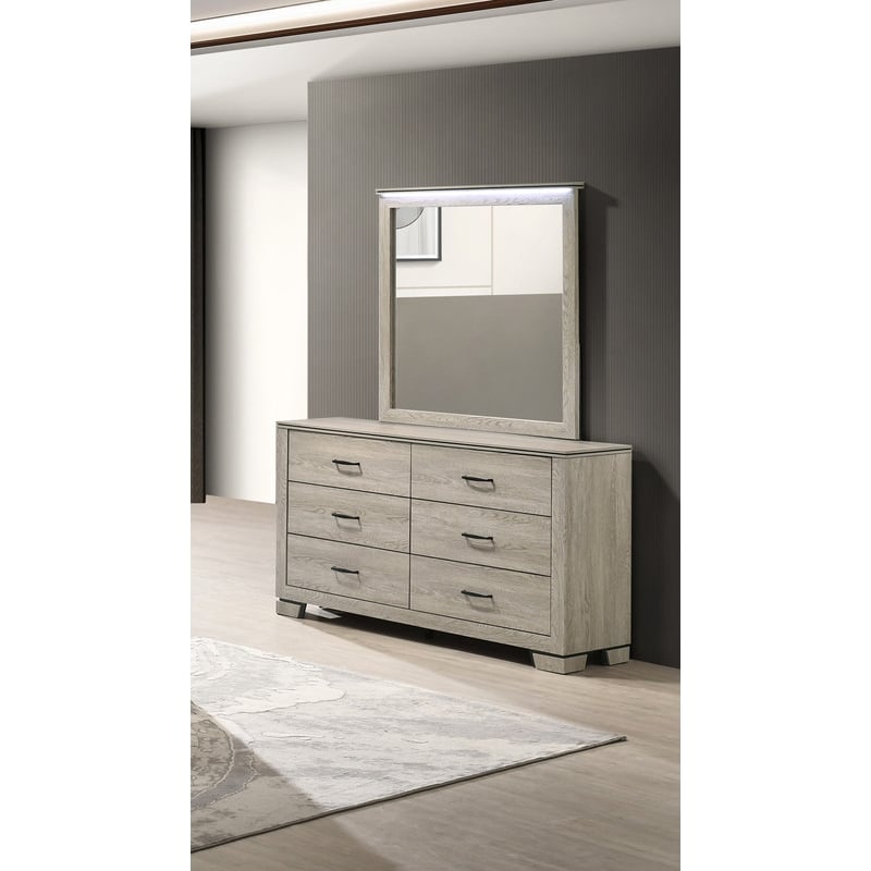 Best Quality Furniture Rustic Gray Beige Oak Wood Double Dresser with LED Mirror