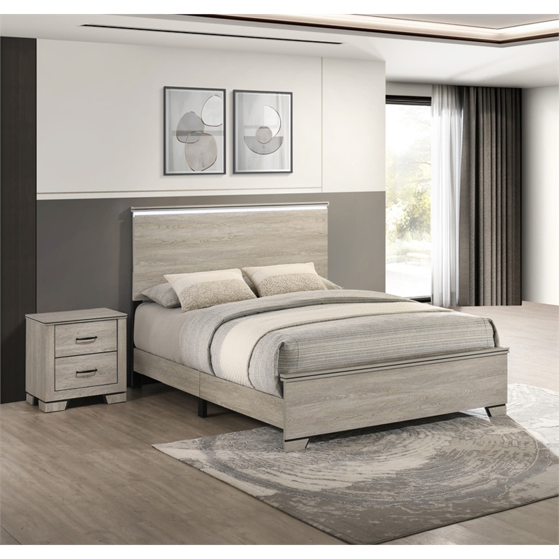 Best Quality Furniture Rustic Gray Beige Wood Bedroom Set with LED Lighting
