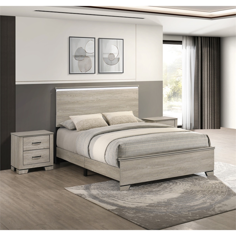 Best Quality Furniture Rustic Gray Beige Wood Bedroom Set with LED Lighting