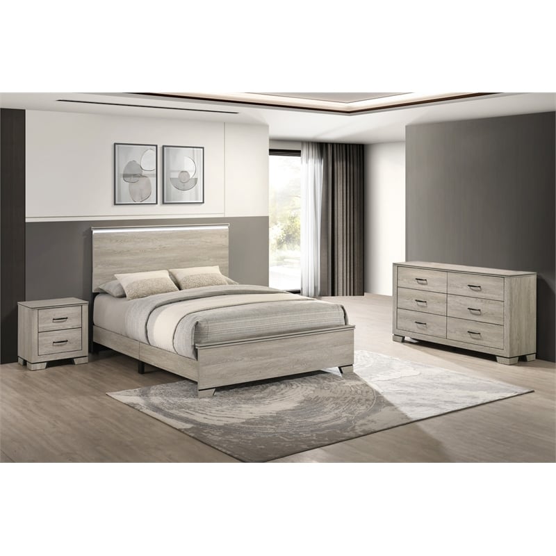 Best Quality Furniture Rustic Gray Beige Wood Bedroom Set with LED Lighting