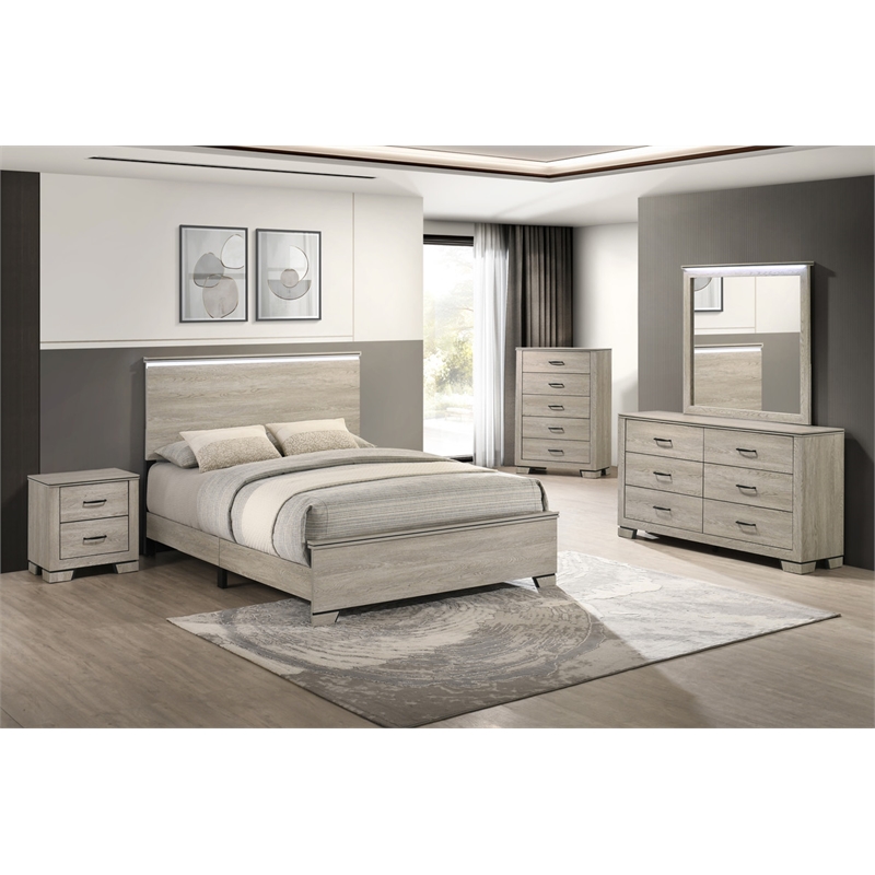 Best Quality Furniture Rustic Gray Beige Wood Bedroom Set with LED Lighting