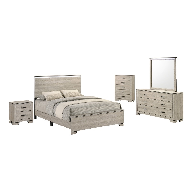 Best Quality Furniture Rustic Gray Beige Wood Bedroom Set with LED Lighting