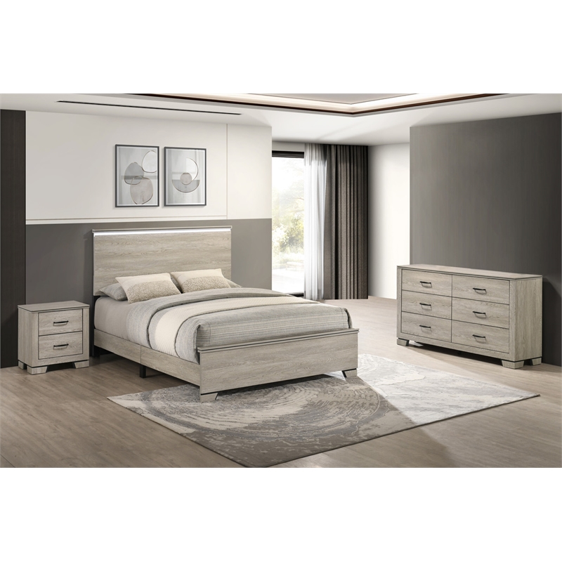 Best Quality Furniture Rustic Gray Beige Wood Bedroom Set with LED Lighting