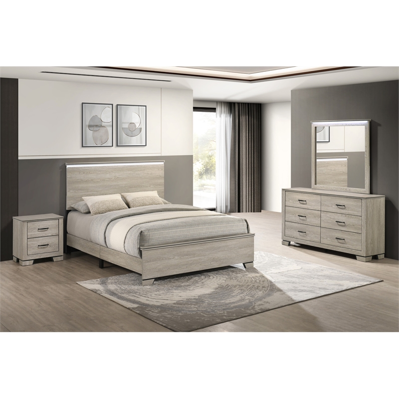 Best Quality Furniture Rustic Gray Beige Wood Bedroom Set with LED Lighting