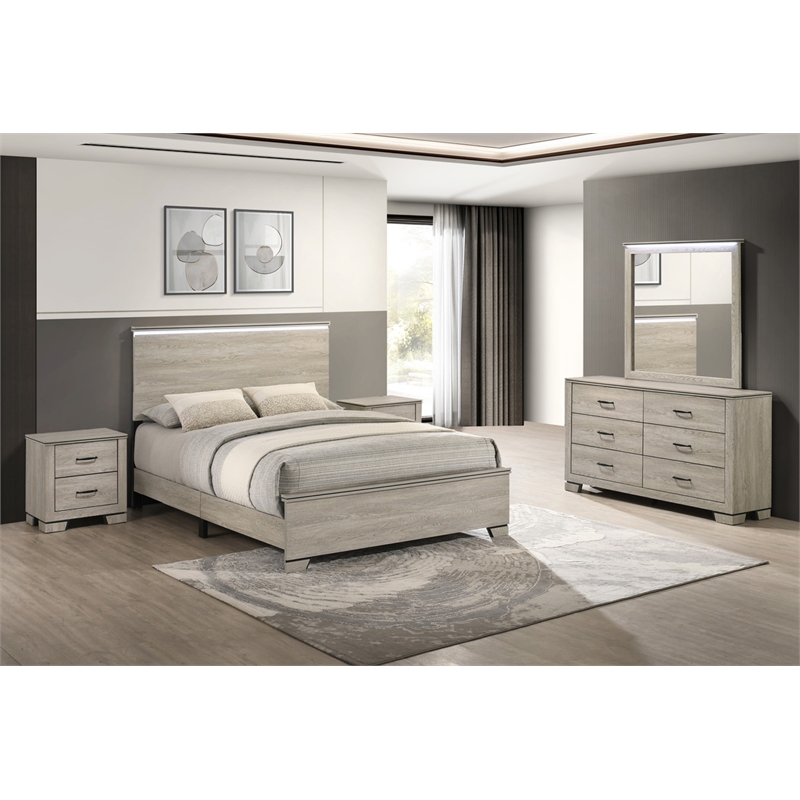 Best Quality Furniture Rustic Gray Beige Wood Bedroom Set with LED Lighting