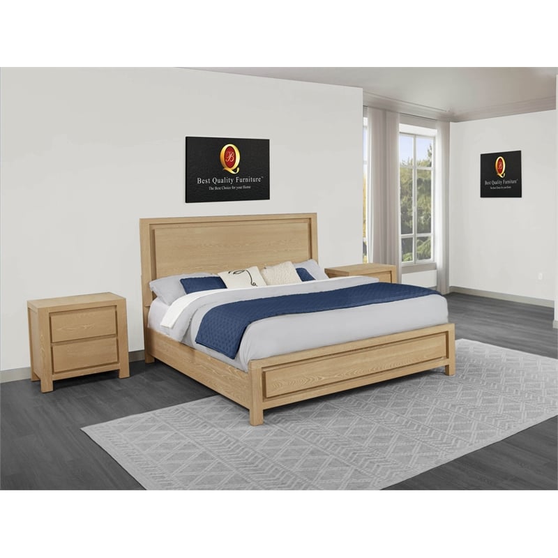 Best Quality Furniture Light Brown Oak Wood Bedroom Set with Charging Station