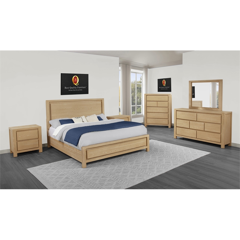 Best Quality Furniture Light Brown Oak Wood Bedroom Set with Charging Station