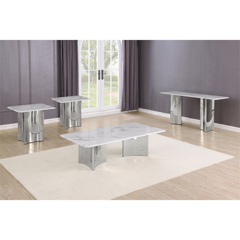 Best Quality Furniture 4pc White Marble Coffee Table Set with Stainless Steel