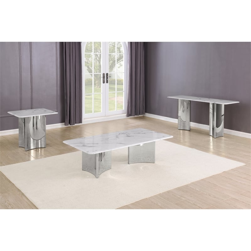 Best Quality Furniture 3pc White Marble Coffee Table Set with Stainless Steel