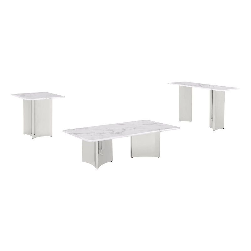Best Quality Furniture 3pc White Marble Coffee Table Set with Stainless Steel