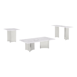 Best Quality Furniture 3pc White Marble Coffee Table Set with Stainless Steel