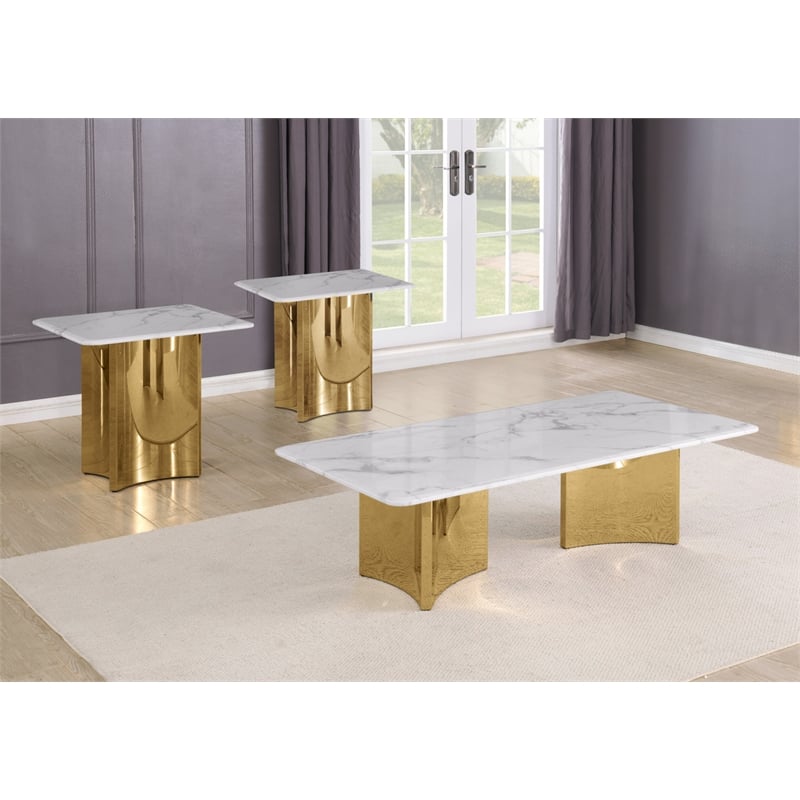 Best Quality Furniture 3pc White Marble Coffee Table Set with Stainless Steel