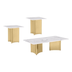 Best Quality Furniture 3pc White Marble Coffee Table Set with Stainless Steel