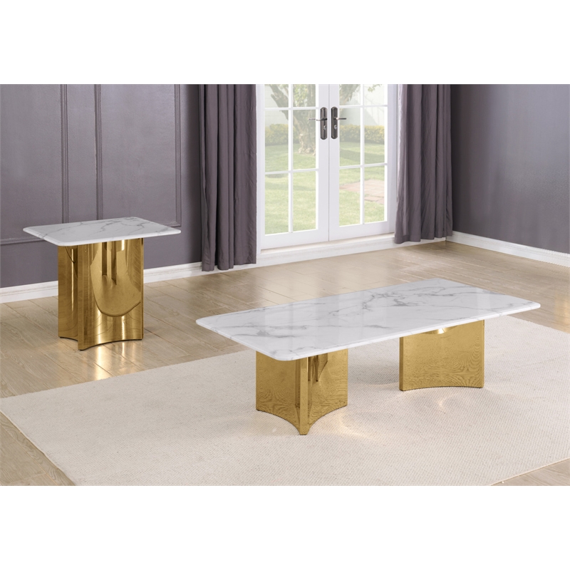 Best Quality Furniture 2pc White Marble Coffee Table Set with Stainless Steel