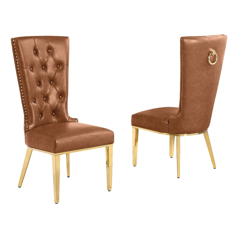 Best Quality Furniture Faux Leather Dining Chairs with Gold Base & Nailhead Trim