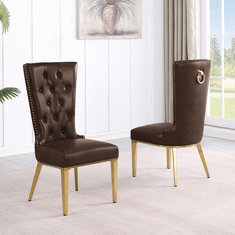 Best Quality Furniture Faux Leather Dining Chairs with Gold Base & Nailhead Trim