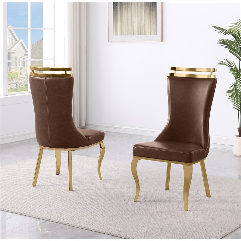 Best Quality Furniture Mocha Faux Leather Side Chairs with Gold Chrome Base