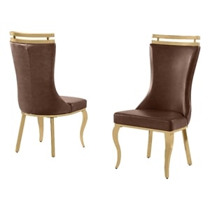 Best Quality Furniture Mocha Faux Leather Side Chairs with Gold Chrome Base