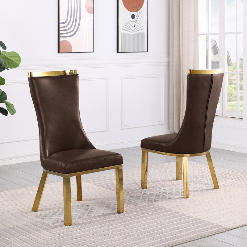 Best Quality Furniture Espresso Faux Leather Side Chairs with Gold Steel Base