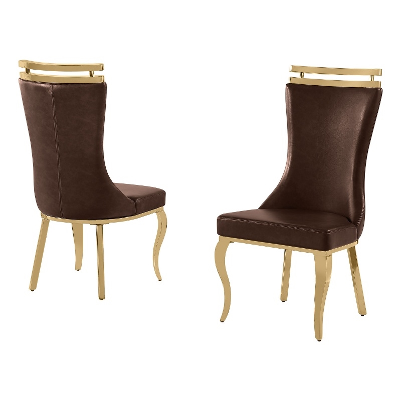 Best Quality Furniture Espresso Faux Leather Side Chairs with Gold Chrome Base