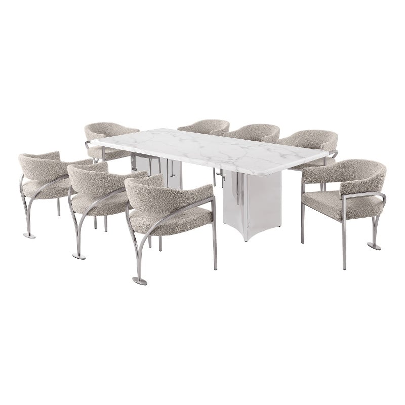 Best Quality Furniture 9 Piece White Marble Dining Set with Stainless Steel Base