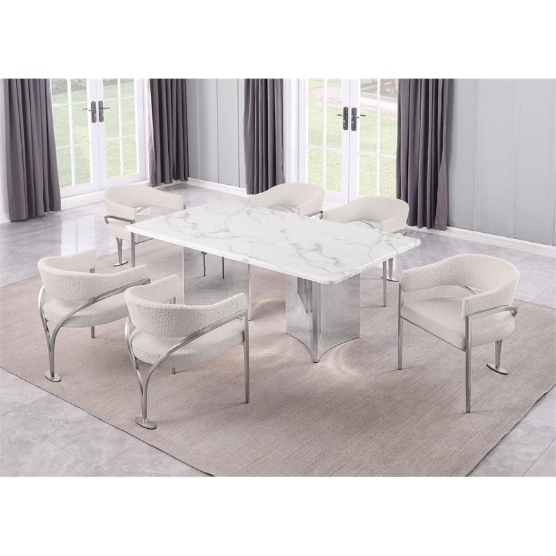 Best Quality Furniture 7 Piece White Marble Dining Set with Stainless Steel Base