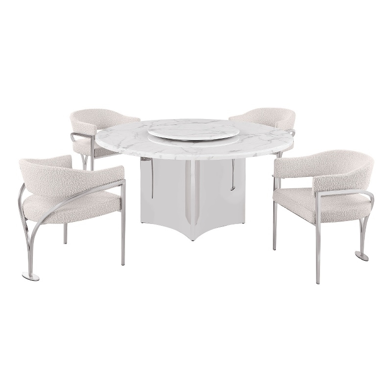 Best Quality Furniture 5 Piece White Marble Dining Set with Stainless Steel Base