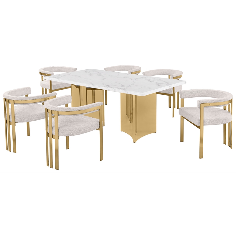 Best Quality Furniture 7 Piece White Marble Dining Set with Stainless Steel Base