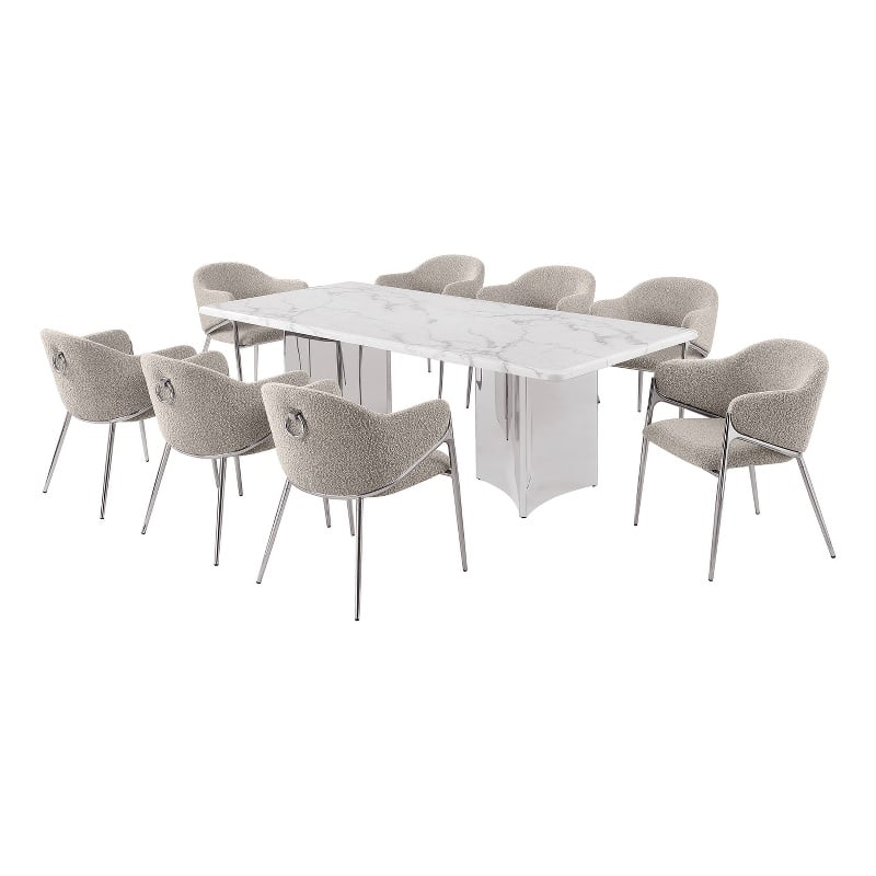 Best Quality Furniture 9 Piece White Marble Dining Set with Stainless Steel Base