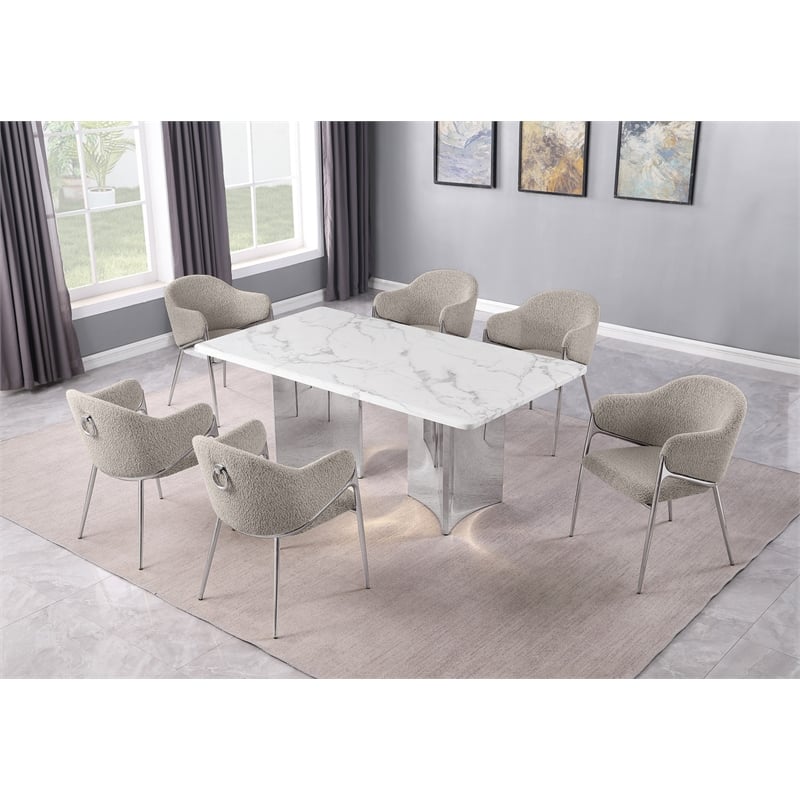 Best Quality Furniture 7 Piece White Marble Dining Set with Stainless Steel Base