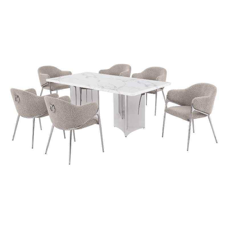 Best Quality Furniture 7 Piece White Marble Dining Set with Stainless Steel Base
