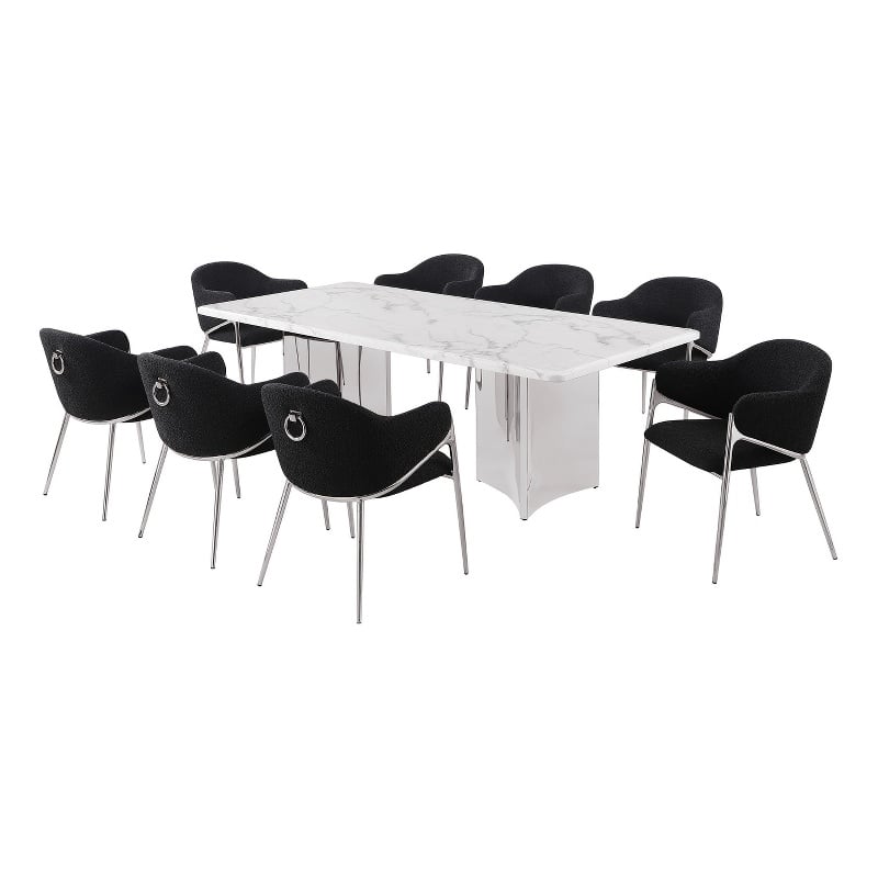 Best Quality Furniture 9 Piece White Marble Dining Set with Stainless Steel Base