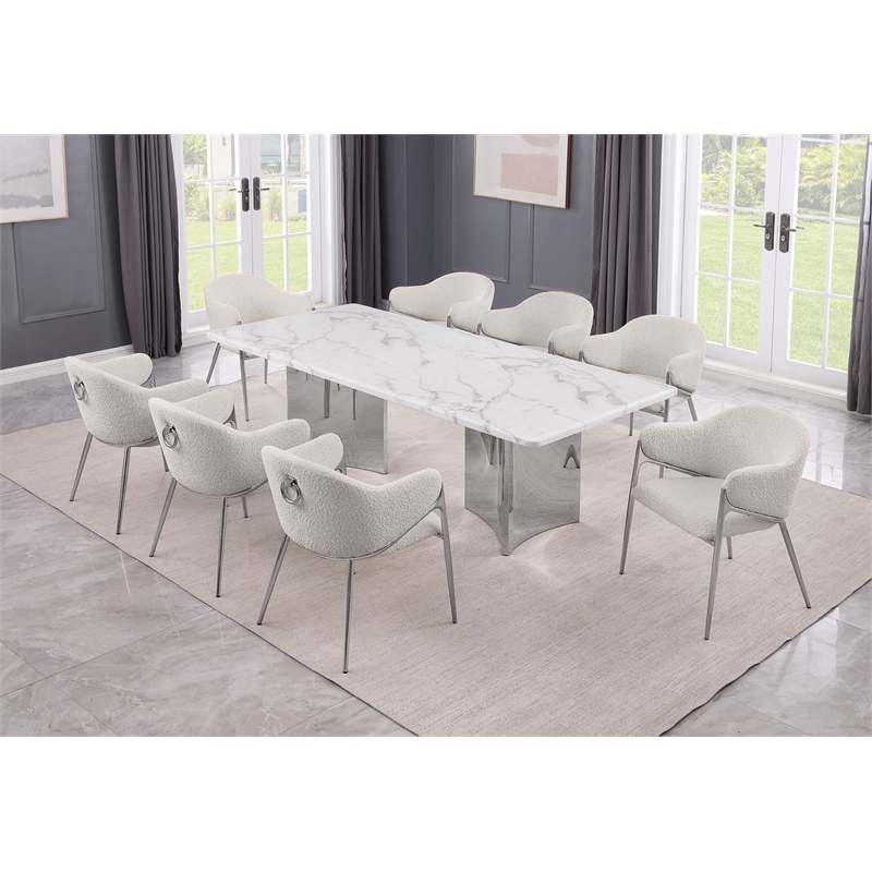 Best Quality Furniture 9 Piece White Marble Dining Set with Stainless Steel Base