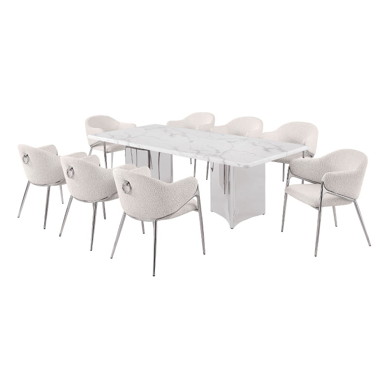 Best Quality Furniture 9 Piece White Marble Dining Set with Stainless Steel Base