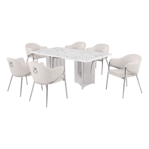 Best Quality Furniture 7 Piece White Marble Dining Set with Stainless Steel Base