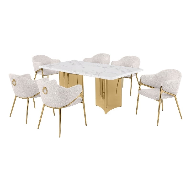 Best Quality Furniture 7 Piece White Marble Dining Set with Stainless Steel Base