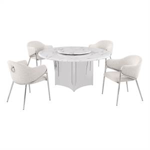 Best Quality Furniture 5 Piece White Marble Dining Set with Stainless Steel Base