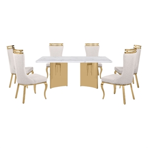 Best Quality Furniture 7 Piece White Marble Dining Set with Stainless Steel Base